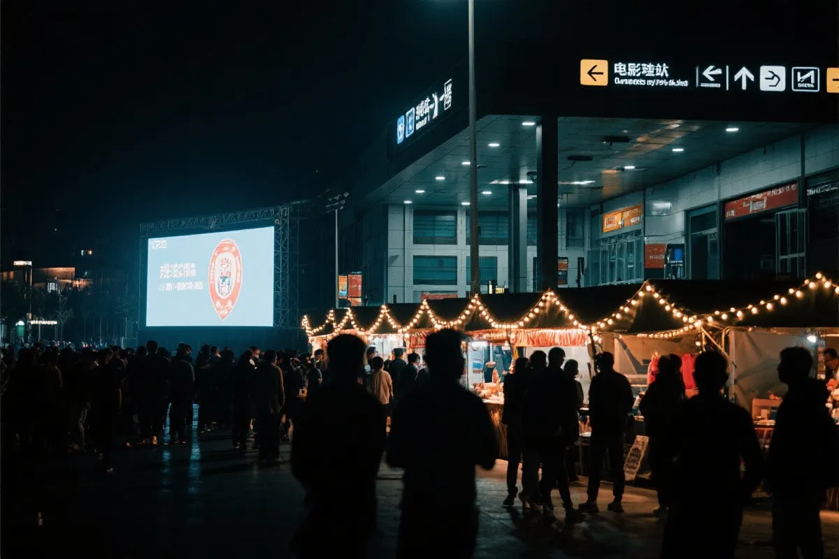 费城球迷广场夜景：大屏观赛人群、步行指示牌与公共交通入口